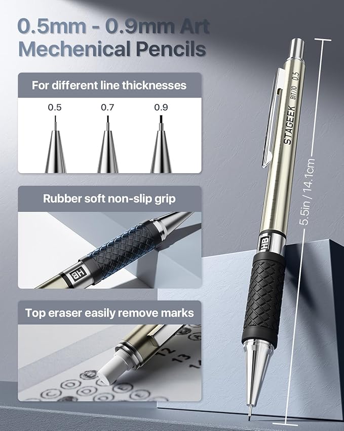 STAGEEK Mechanical Pencil Set with Leather Bag 30 Count, Drawing Pencils 0.5, 0.7, 0.9MM & 3PCS 2MM Sketching Pencils with 464PCS Lead Refills (6B 4B 2B HB 2H 4H Color) for Artist Drafting Drawing