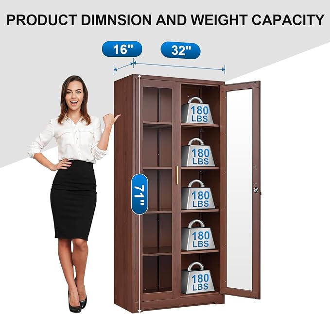 Polup 71" Wood Grain Metal Glass Display Cabinet with Security Lock | 5-Tier Curio Case & Tempered Doors, 4 Adjustable Shelves, Heavy-Duty China Storage for Living Room, School & Commercial
