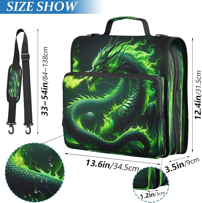 3 Ring Zipper Binder With Shoulder Strap Documents Storage Organizer Green Fire Dragon