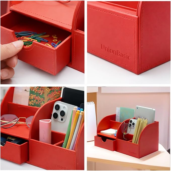UnionBasic Desk Organizer - Multifunctional Leather Desktop Pen Holder Storage Box - Business Card/Pen/Pencil/Mobile Phone/Stationery Holder, Red