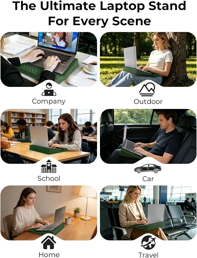 Adjustable Lap Desk with Wrist Rest, Reversible Laptop Stand | Cooling Grip Surface, Fits up to 17'' Laptop, Portable Lap Desk with Pillow Cushion,Computer Tray for Home Office,Grass Green