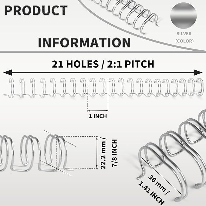 RAYSON 2:1 Wire Binding Spines 21 Loop, 7/8 Inch Silver, 220 Sheet, 50 Pack | 2:1 Pitch Binding Wire | Double Loop Wire Design | Binds Up to 220 Sheets | Letter Size Compatible | Smooth Page Turning