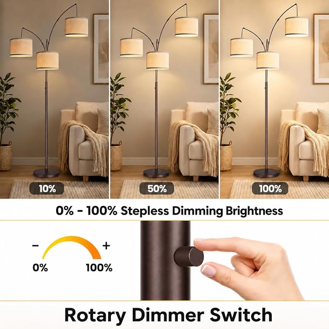 Dimmable Floor Lamp - 3 Lights Arc Floor Lamps for Living Room, 1000LM Modern Tall Standing Lamp With Beige Shades, Mid Century Tree Floor Lamp for Bedroom Office, 3 LED Bulbs Included - Brown