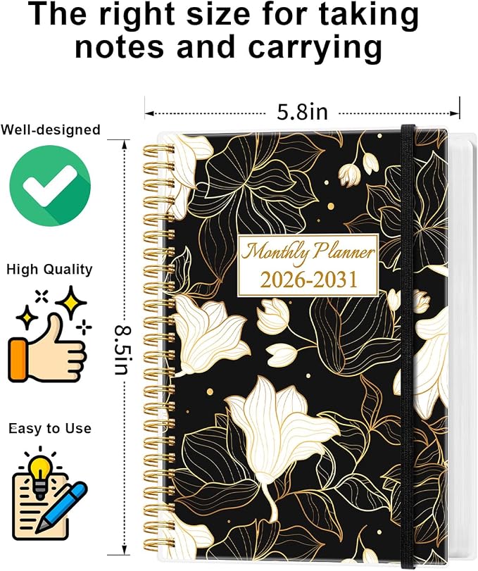 2026-2031 Monthly Planner - 60 Month PLanner Calendar from July 2026 to June 2031, 5 Year Planner 2026-2031 with Flexible Cover, Inner Pocket, Perfect for Home | School | Office, 5.8" x 8.5", White Gold Flower