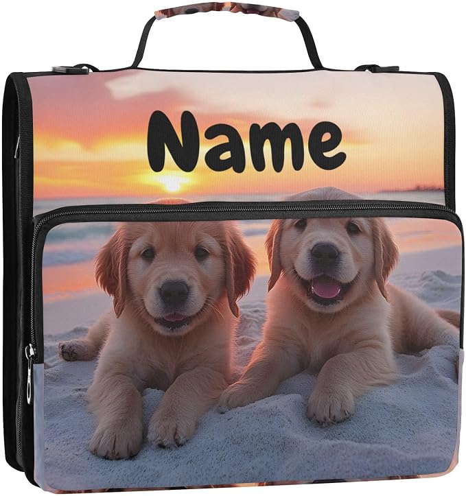 Custom Golden Retriever Puppy Dogs 3 Ring Binder Bag 1.5 inch Personalized Name Binder Organizer 500 Sheet Documents Storage for School Office