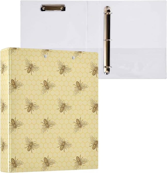 Bee Honeycomb1.5 Inch Binders 3 Ring with Clipboard&2 Pockets Large Heavy Duty Binders Decorative D-Ring Binder Flexible Hardcover Binders, Holds 200 Sheets-2 Pack