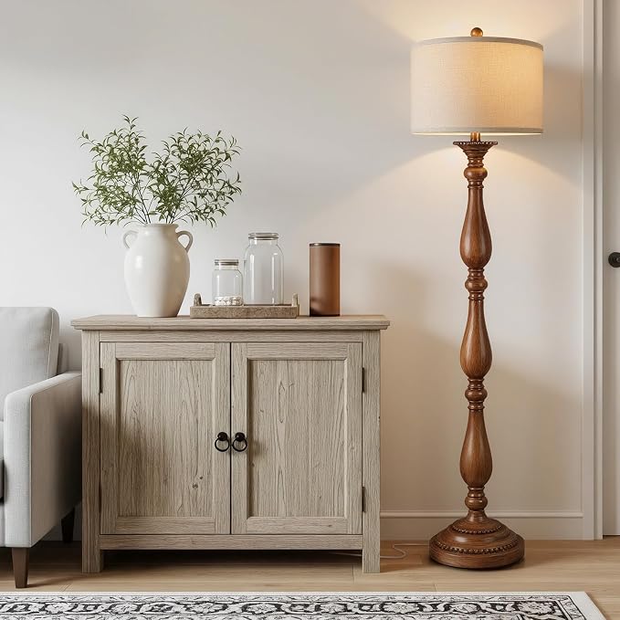 Vintage Floor Lamp for Living Room, Rustic Farmhouse Standing Lamp with Rotary Switch and Linen Shade, Retro Resin Floor Lamp for Bedroom, Corner, Dining Room, House Decor, Wood Grain