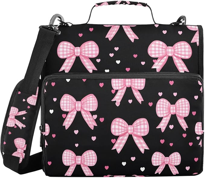 3 Ring Zipper Binder with Shoulder Strap Pink Bow Heart 2 Inch Zippered Binder Bag 500 Sheet Capacity Multi Pockets for School Supplies
