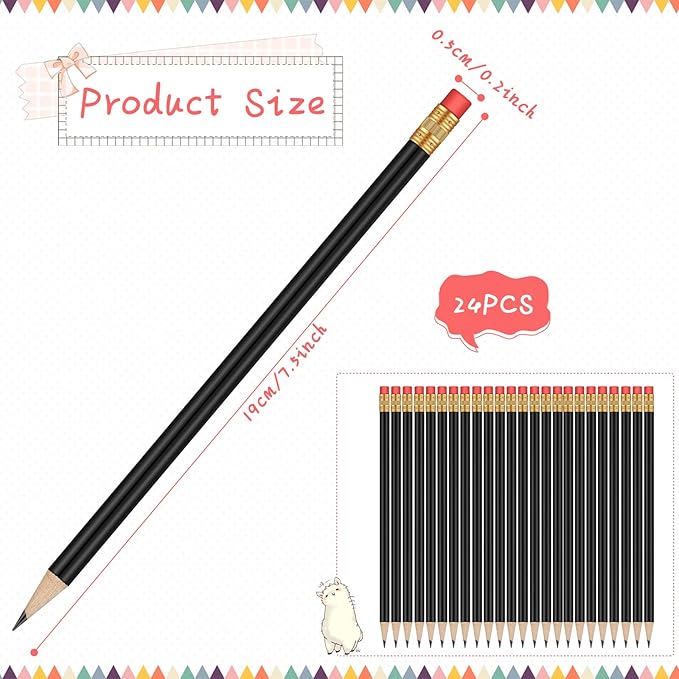 Outus 24 Pieces Round Pencils Cute HB Graphite Wood Pencils Bulk with Eraser for School Writing Drawing Sketching Wedding Office Supplies(Black)