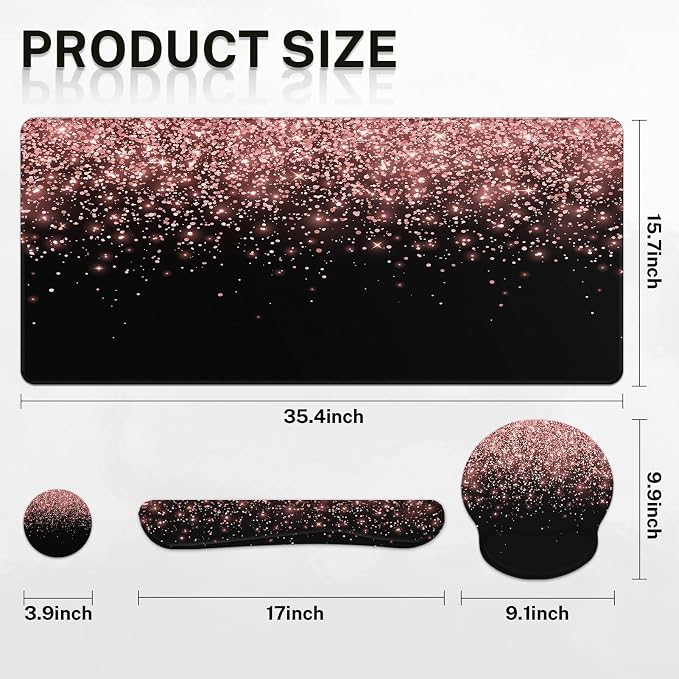 Keyboard Mouse Pad Set, 4 in 1 Desk Mat Set, Pink Rose Gold | Golden Black Large Mousepad+Keyboard Wrist Rest+Mouse Wrist Rest+Coaster Ergonomic Design for Home Office Computer