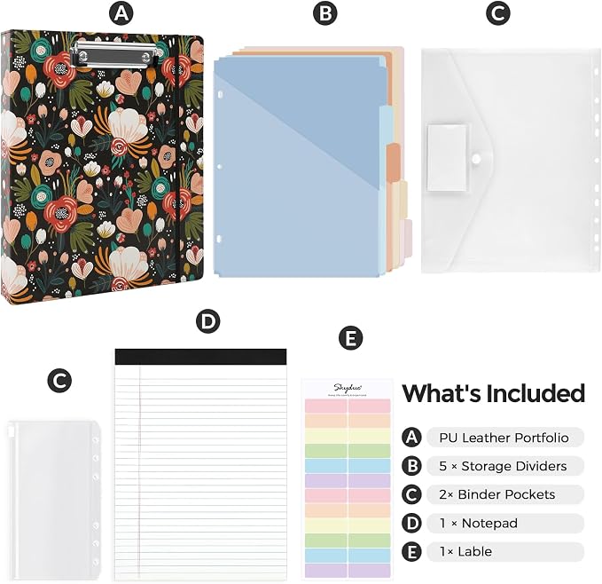 SKYDUE 1 Inch 3-Ring Binder with Clipboard, PU Binder with 5 Dividers, Notepad, Stickers & Pockets for Work and School - Aesthetic Binder (Letter Size)