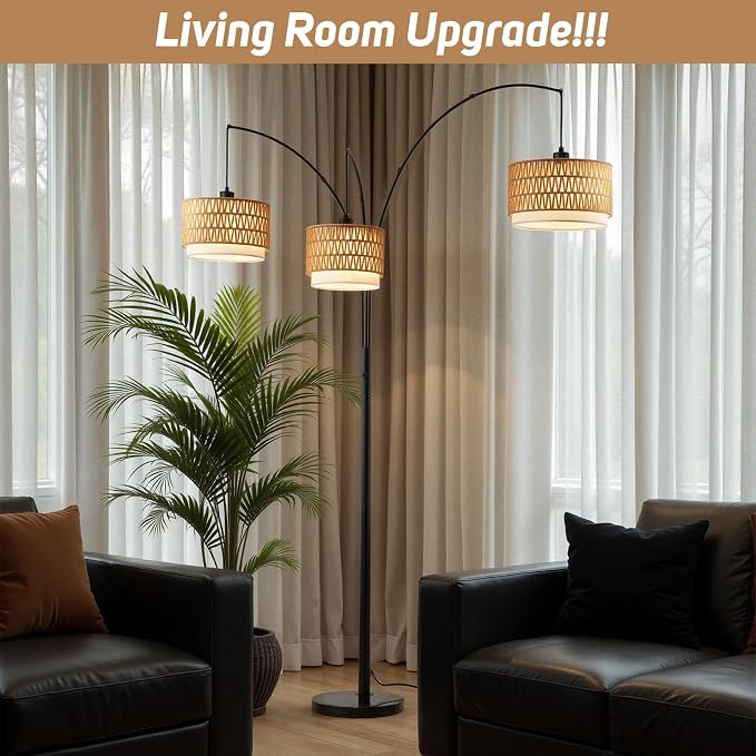 80'' Rattan Arc Floor Lamp for Living Room, 3-Light Boho Tree Tall Lamp | Heavy Natural Marble Base, 1/2/3-Light Rotary Switch,Double-layer Wicker/Fabric Shades for Reading Corners,8 ft+ Ceilings