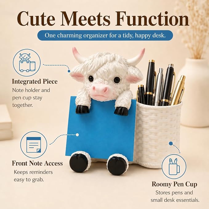 Highland Cow Note Pad Dispenser with Pen Cup, Desk Organizer | Cute highland cow note pad dispenser with pen cup, perfect for desks, offices, classrooms, and cow lover gifts.