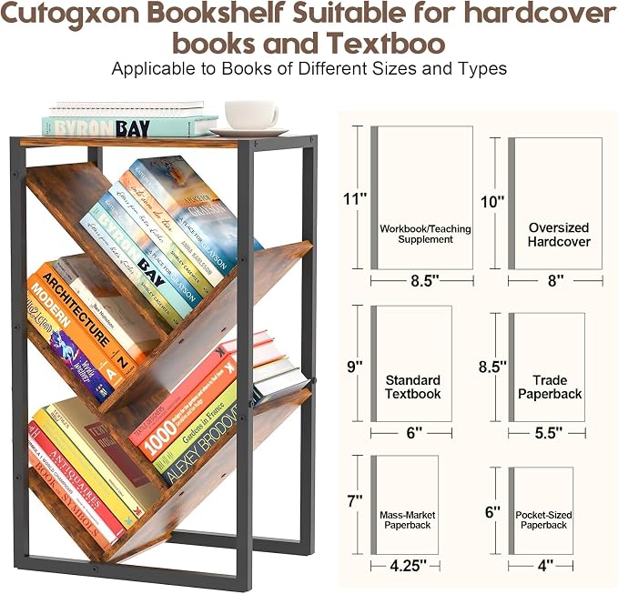 Cutogxon Small Bookcase - 5 Tier Tree Bookshelf with EVA Pads, Book Shelf for Small Spaces Bookshelves Wooden Book Storage Organizer Shelves for Hardcover Books Bedroom Living Room