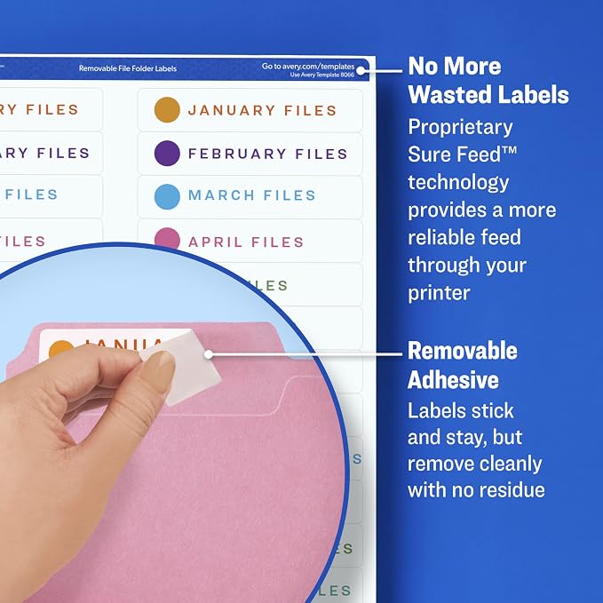 Avery File Folder Labels with Sure Feed, 2/3" x 3-7/16", 750 Printable Labels, Removable, Assorted (6466)