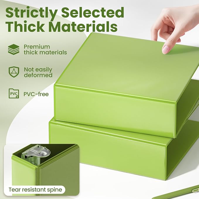 SUNEE 3 Ring Binder 3 Inch D Ring, Clear View Large Binder Three Ring PVC-Free (Fit 8.5x11 Inches) for School or Office Supplies, Tender Green, 1 Pack
