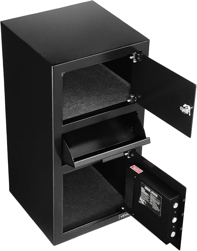 VEVOR 3.6 Cubic Feet Drop Safe, Large Capacity Front Drop Slot Safe Box with Digital Keypad, Heavy Duty 3 Tiers Cash Depository Box with Spare Keys for Cash, Bank Slip, Jewelry, Document, Bill, Black