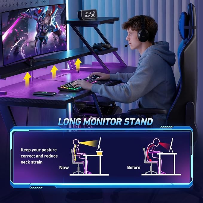 Korfile 47 Inch Gaming Desk with LED Lights & Power Outlet, L Shaped Computer Desk with Storage Shelves, Gamer Workstations with Monitor Stand for Bedroom, Carbon Fiber Black | L Shaped Computer Desk, Gamer Workstations, Storage Shelves, Monitor Stand,...
