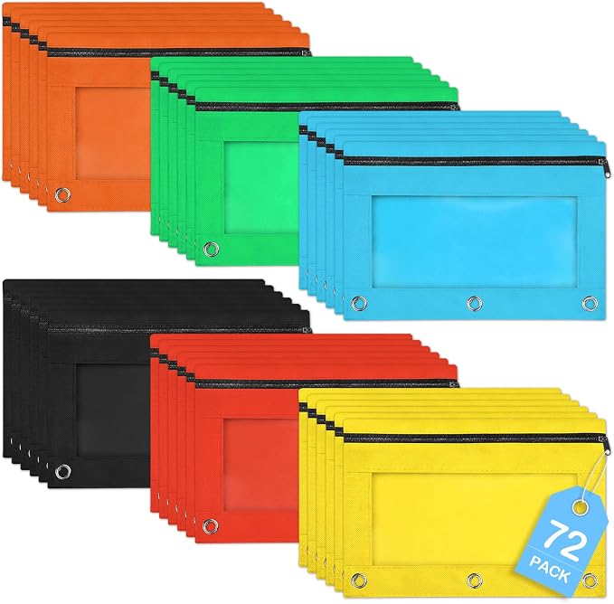 72 Pack Pencil Pouch for 3 Ring Binder 6 Colors for School Office Supplies | Pencil Pouch for 3 Ring Binder in 6 Assorted Color, Smooth Zipper Pouch Bulk for School and Office Supplies with Clear Window