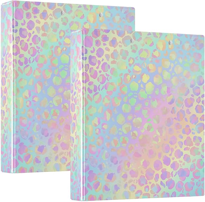 3 Ring Binder, Rainbow Leopard Print Neon File Folder Holds 200 Sheets File Storage for Women Men School Office Supplie