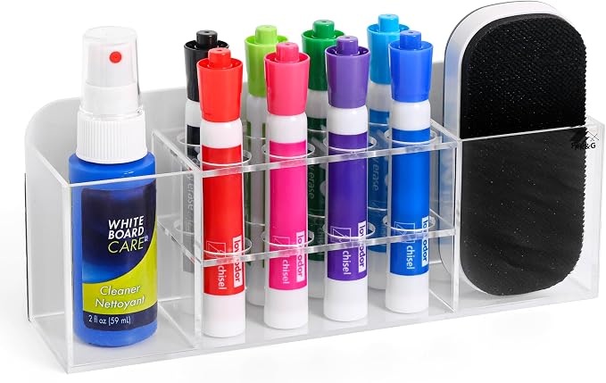 Strong magnetic dry-erase whiteboard holder, 8-slot acrylic pen organizer with glass and wall mounting hardware for refrigerator, office, and classroom. Markers, Eraser, Cleaner Not Included (Clear)