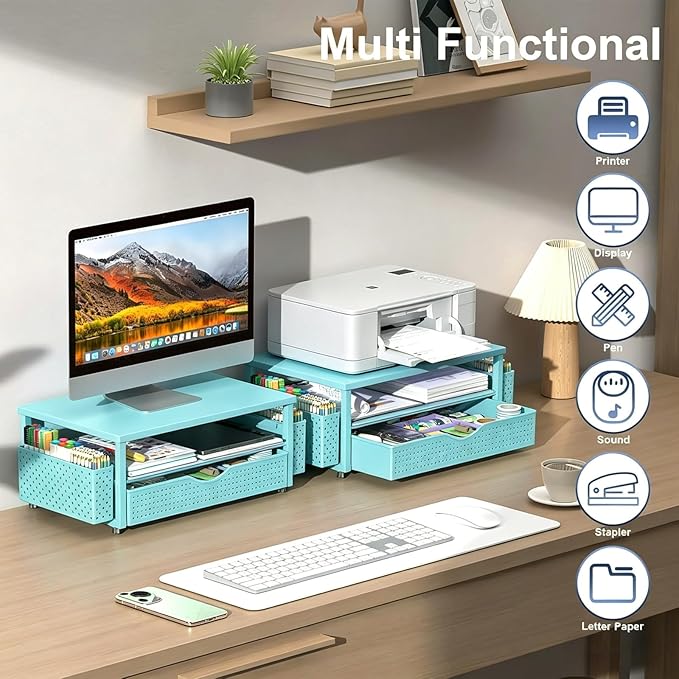 Spacrea Desk Organizer and Accessories, Computer Monitor Stand Riser with Drawer and 2 Pen Holders, Office Desk Accessories & Workspace Organizers for Office Supplies (Blue)