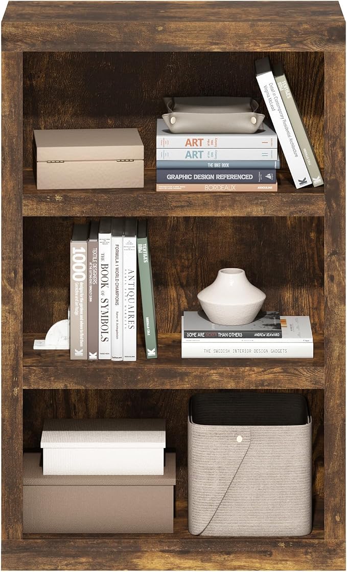 Furinno Rail Book Shelf, 3-Tier Classic Style Bookshelf, Bookcase with Open Shelf, 10.1 x 24.6 x 39, for Organization and Storage, for Living Room, Bedroom, Home Office, Amber Pine