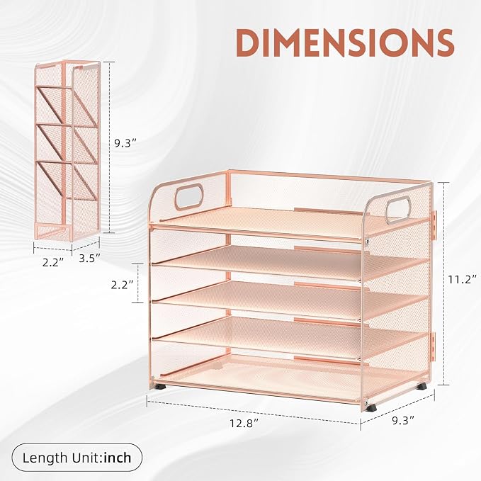 5-Tier Paper Organizer for Desk with Pen Holders, Letter Trays, Rose Gold | Metal Mesh Desktop File Organizer with Removable Trays and 2 Handles for Paper, Files, Mail, Folders in Office Home or School