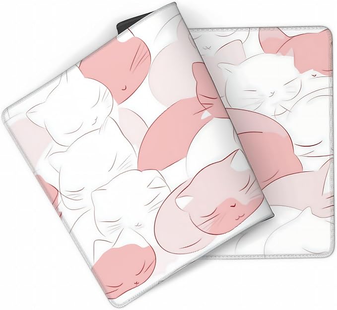 Cute Anime White Cat Gaming Mouse Pad, White Pink Minimalist Desk Mat with Anti-Slip Base & Stitched Edges, Office Supplies & Desk Decor for Women, 35.4" x 15.7" in Home Office Essentials