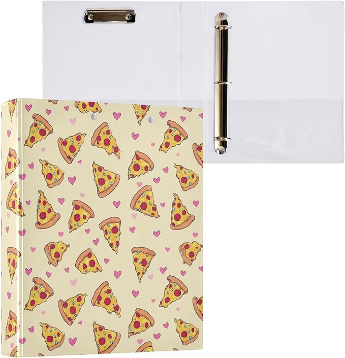 Pizza Cheese Yellow Round Ring Binders 1.5 Inch Tomatoes Mushroom 3 Ring Clipboard Binder for Office School Work Supplies File Folder Document 200 Sheet Capacity Easy Open 2 Pieces