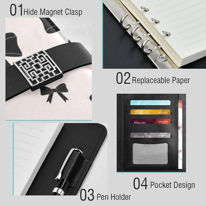 Black Bow Pattern White PU Leather Notebook A5 Binder 6 Ring Refillable Journal with Magnetic Buckle Closure Loose Leaf Travel Office Planner Budget Binder Notepad Portfolio,