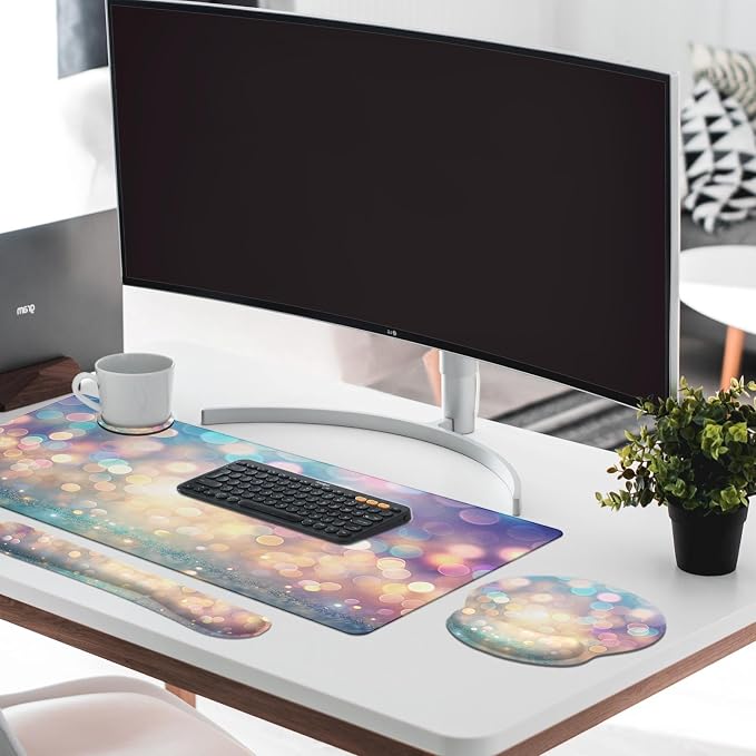 Keyboard Mouse Pad Set, 4 in 1 Desk Mat Set, Pink Blue Glitter | Large Mousepad+Keyboard Wrist Rest+Mouse Wrist Rest+Coaster Ergonomic Design for Home Office Computer