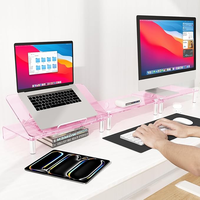 Pink Acrylic Dual Monitor Stand Riser,Laptop Riser Adjustable to 8 Angles | Double Computer monitor riser for desk for 2 Monitors,Desktop organizer Stand for Laptop,PC,Printer,TV，Cute Desk Accessories