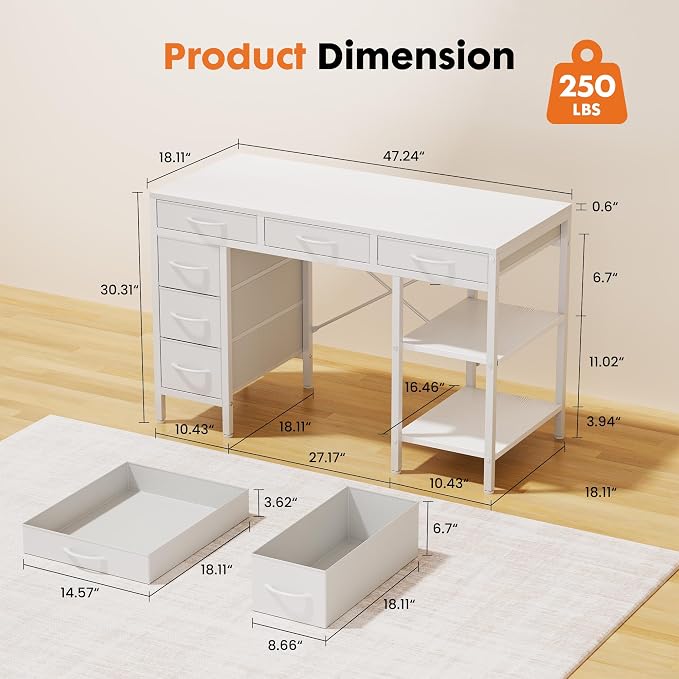 Sweetcrispy 47" Computer Desk with 6 Fabric Drawers & Storage Shelves | Reversible Gaming Desk, Office Desk, Computer Workstation, Corner Desk with Storag, Home Office, Living Room, White