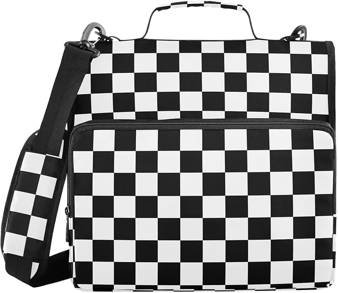 Black White Checkered Pattern 3 Ring Binder Bag 1.5 inch Binder Organizer with Zipper Shoulder Strap 500 Sheet Documents Storage for School Office