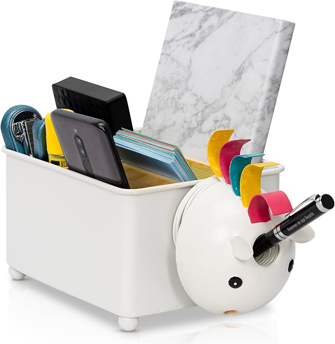 Desk Organizer, 1-5 Module Compartments - Storage for Stationery Supplies, Accessories, brushes - Home, Office, School, Dorm, Studio - Build in Pen & Pencil Holder (White Unicorn)