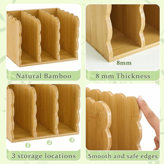 Novabright Scalloped Bamboo Wooden File Magazine Holder Desk Organizer, 3 Vertical Compartments Workspace Sorters for Magazines, Binders, Notebooks, Envelopes