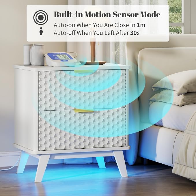 Smart Nightstand with Charging Station and LED Lights | 23.62" Wide Night Stand with 2 Drawers, Motion Sensor Motion-Activated Underlight, Honeycomb Bedside Table for Bedroom, White