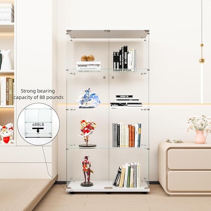FLYMUHJIA Glass Display Cabinet Kitchen Pantry Storage Cabinet Corner Bar Cabinet with Four Level Double-Door, 64”hx32''lx 14''w White