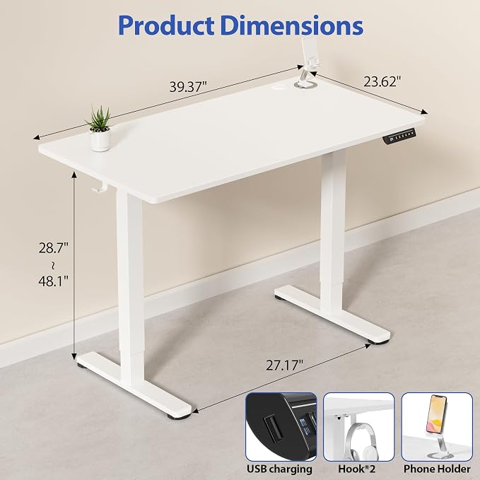 YESHOMY Height Adjustable Electric Standing Desk, 39 x 24 Inches Memory Home Office Sit Stand up Desk with Phone Holder and USB Charging Port, White