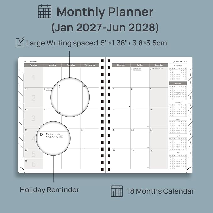POPRUN Monthly Planner 2027-2028, 6.5"x8.5", 18 Month, Jan 2027-Jun 2028