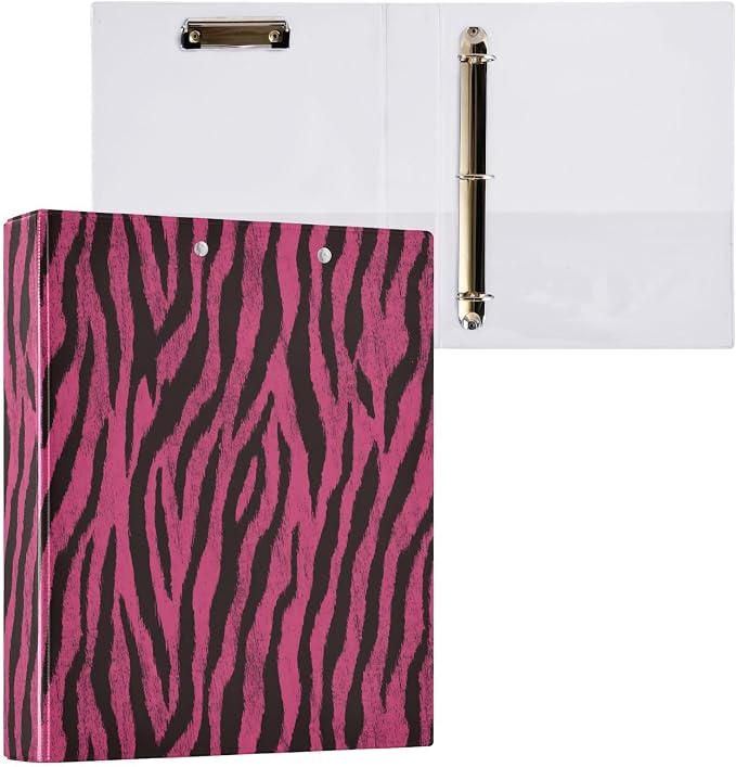 Aslsiy Kids 3 Ring Binder 1.5 Inch Zebra Animal Skin Pink Black Tiger (1) Girls Round Clipboard Binder Decorative Harcover Binders Organizer for Office School Supply