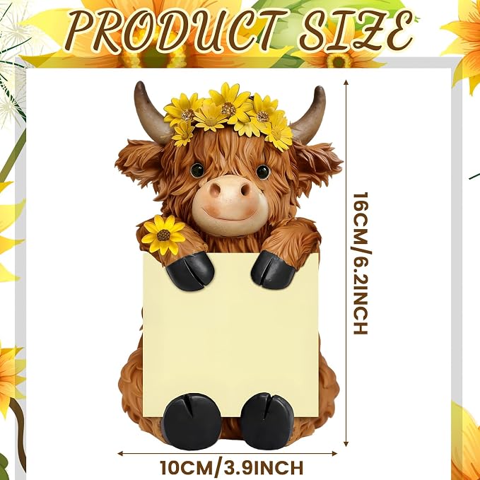 Thenshop Back to School Sunflower Highland Cow Pop up Sticky Note Dispenser | Fall Resin Highland Cow with 100 Sheets, Sticky Note Holder, 3 x 3 Inch, Highland Cow Desk Accessories, Classroom School Gift