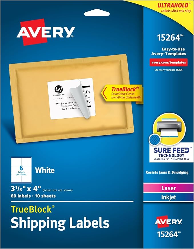 Avery White Shipping Labels | Sure Feed Technology | True Block | 3-1/3" x 4" | 60 Labels, Pack of 5