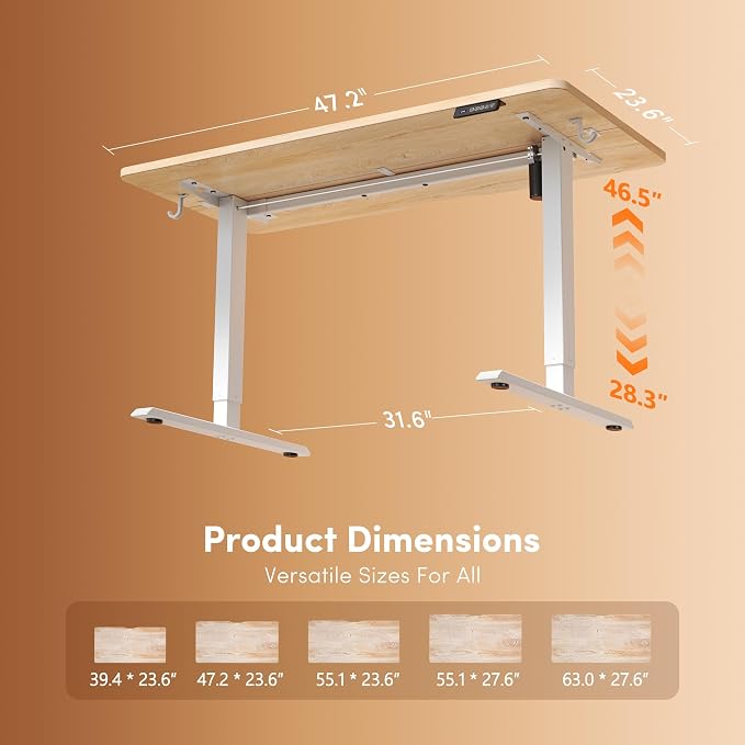 DESINO Standing Desk, 48 × 24 Inches Electric Height Adjustable, Sit and Stand Up, Computer Office Desk with Splice Board, White Frame/Oak TOP