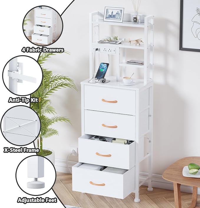 Tall Night Stand, 52.1" LED White Nightstand with Charging Station | LED Lights & USB Ports & type-C, 4 PVC Fabric Drawers and 4-Tier Storage Shelf, Bedside Table for Bedroom, Dorm