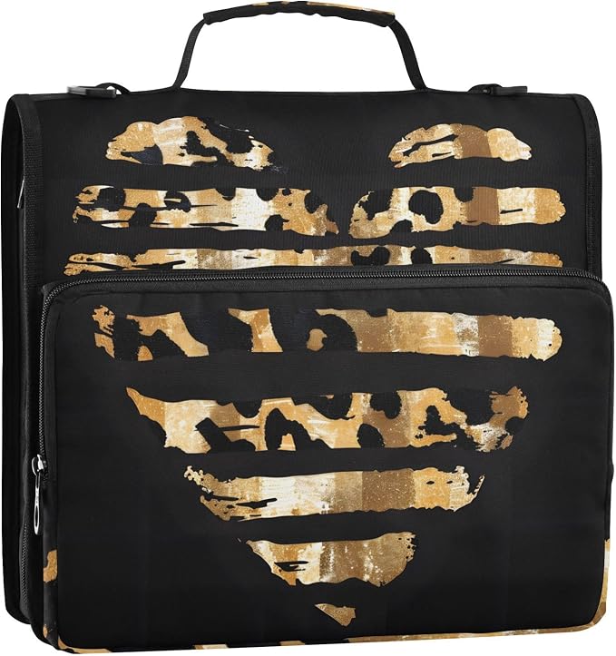 3 Ring Zipper Binder with Shoulder Strap Leopard Skin Golden Heart 1.5 inch Binders Keeper Large Capacity Multi Pockets for School Office Supplies