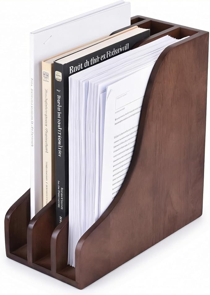 Solid Wood Vertical File Organizer, No Assembly Desk Mail Document Holder | Multifunctional Paper Mail Organizer for Office & Home, Custom Wooden Magazine File Holder for Books Binders Laptops, Desktop