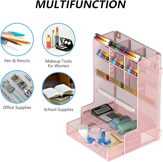 BOHDK Pen Organizer for Desk, Multi-Functional Desk Organizer, Wall Mount Pen Holder with Drawer for School, Office, Home, Art Supplies, Pink