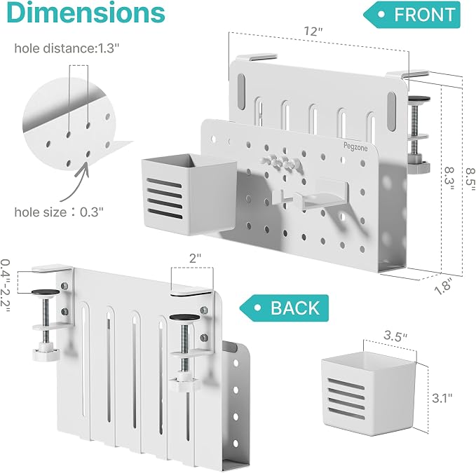 Under Desk Storage Organizer, Laptop Holder for 0.4"-2.2" Desk Edge, White | Holds 22lbs, Clamp on Desk Organizer with Pegboard Design, Fits 0.4"-2.2" Desktop Edge